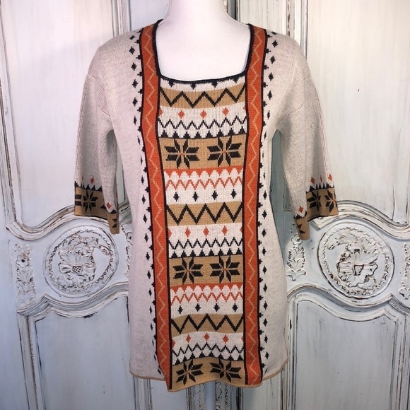 VINTAGE Le Roy Knitwear Square Neck  Print 3/4 Sleeve Tunic Sweater - Picture 1 of 10